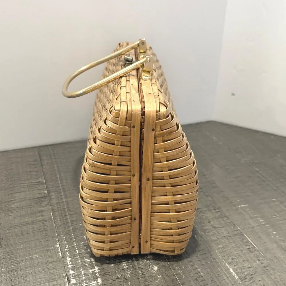 Vintage Wicker Box Purse Basket Handbag Rattan Picnic Style Top Handle